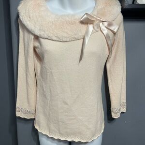 Saks Fifth Avenue Cream Sweater with Faux Fur Collar
